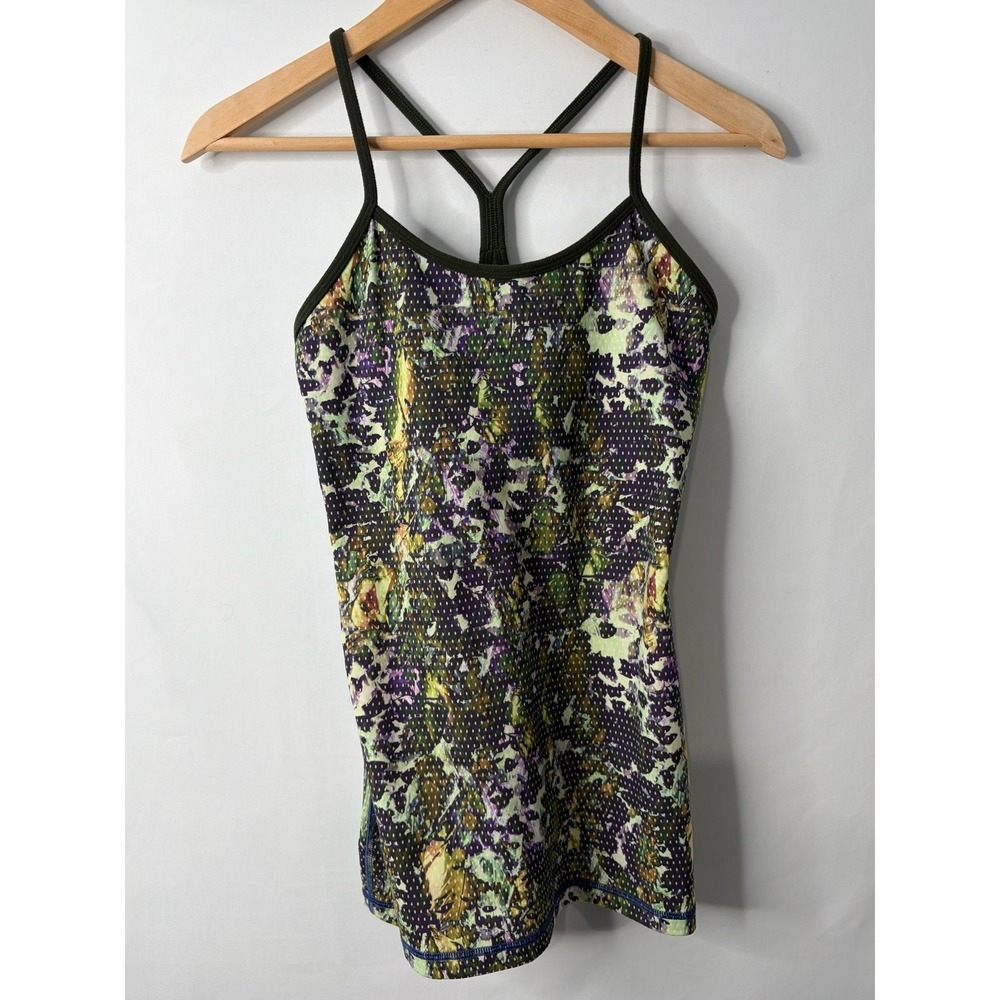 Lululemon Power Y Tank Top Size 4 Abstract Floral Green Racerback Shelf Bra Gym